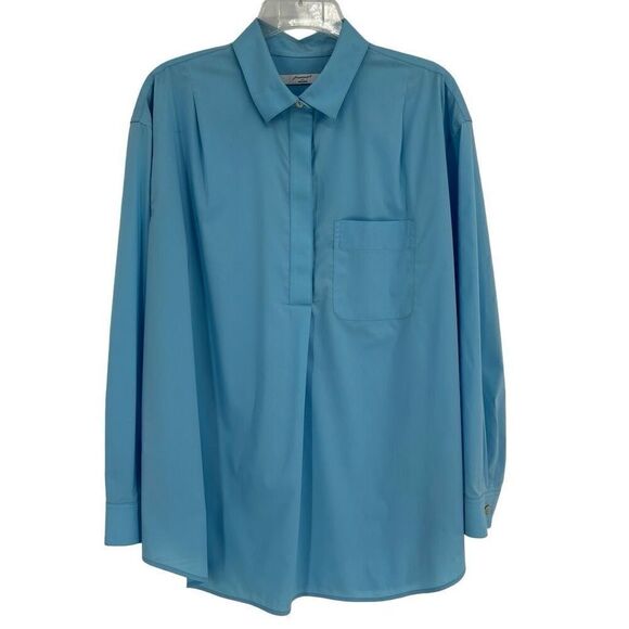 Foxcroft Long Sleeve Button Front Pullover Non Iron Shirt Blue Large - Picture 1 of 9